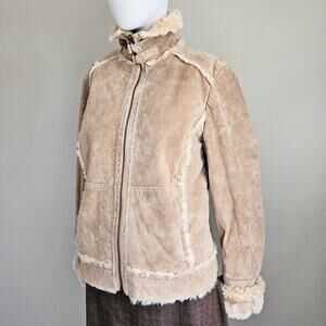 Wilson Maxima Suede Leather Shearling Sherpa Funnel Neck Coat Patchwork Womens M
